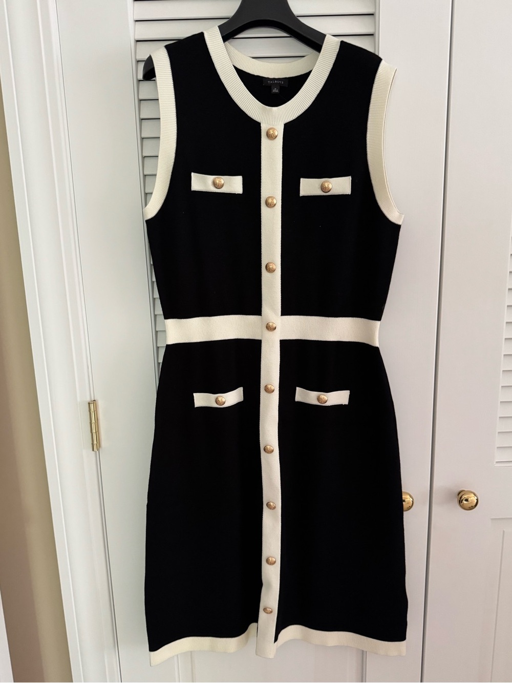 Talbots Black & Cream Sleeveless Knit Dress with Gold Buttons, size Medium